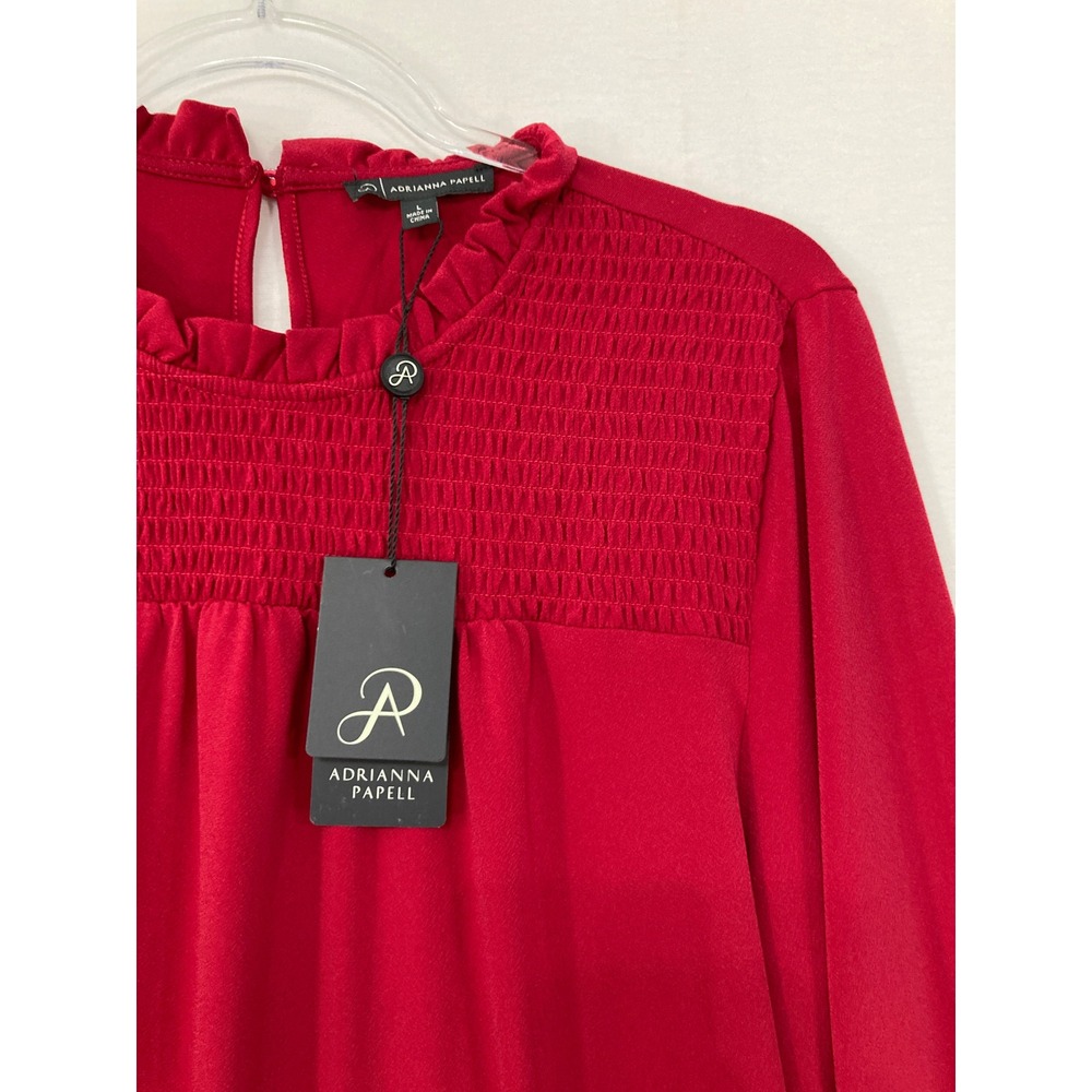 New Adrianna Papell Blouse Large Red Smocked Ruffle Neck Long Sleeve Preppy - Picture 3 of 9